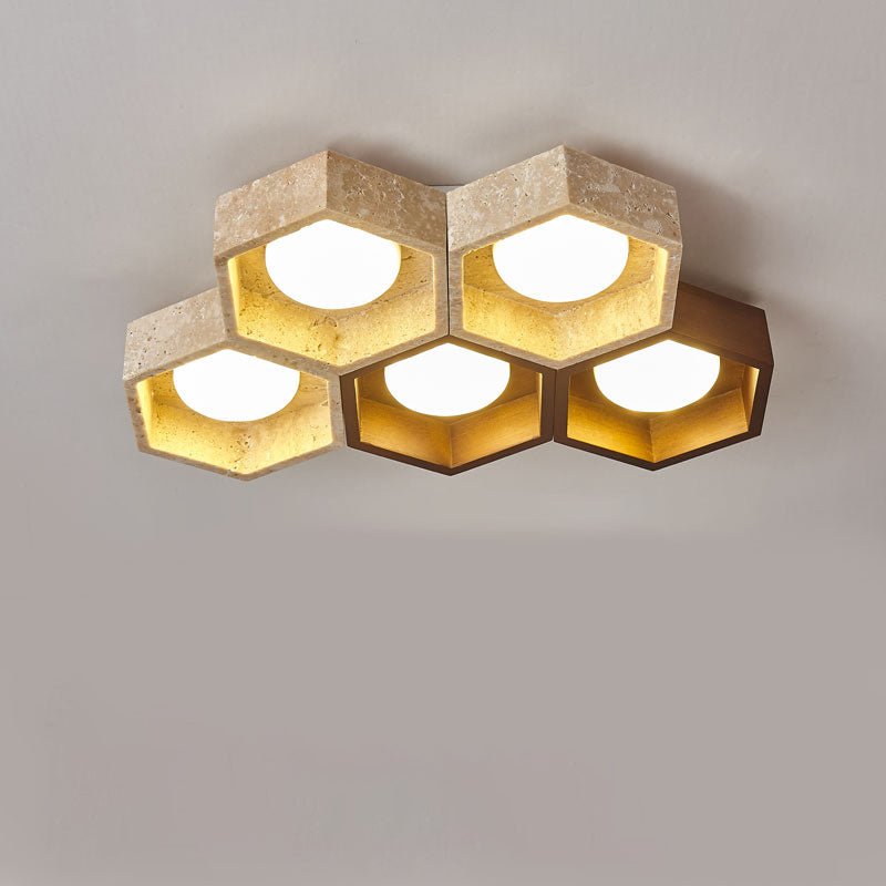 Honeycomb Travertine Ceiling Light – Natural Stone Flush Mount