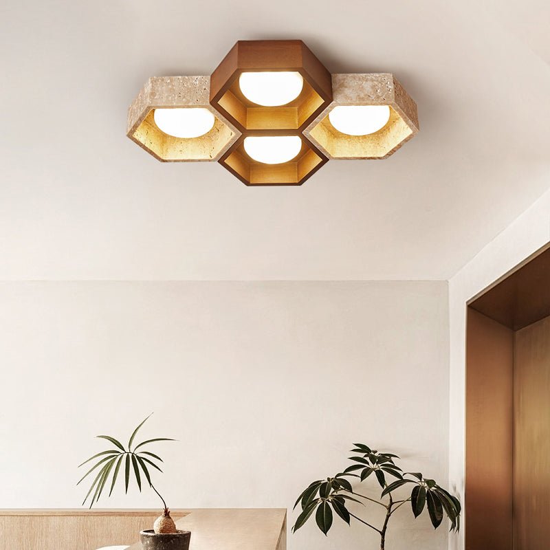 Honeycomb Travertine Ceiling Light – Natural Stone Flush Mount