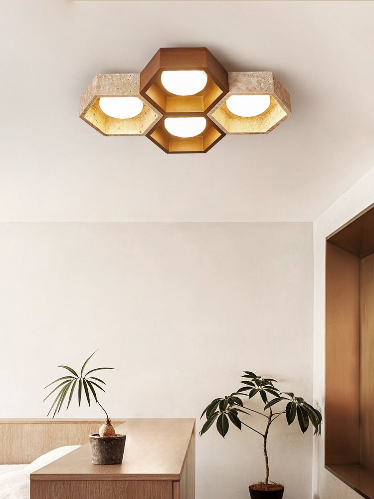 Honeycomb Travertine Ceiling Light – Natural Stone Flush Mount