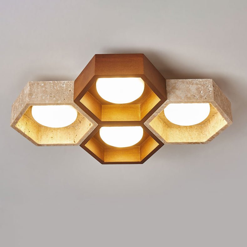 Honeycomb Travertine Ceiling Light – Natural Stone Flush Mount