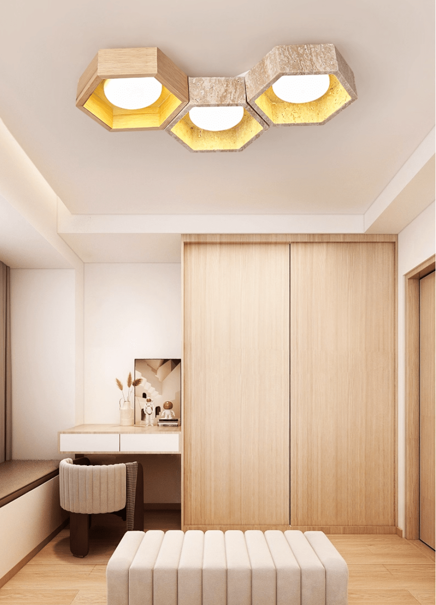 Honeycomb Travertine Ceiling Light – Natural Stone Flush Mount