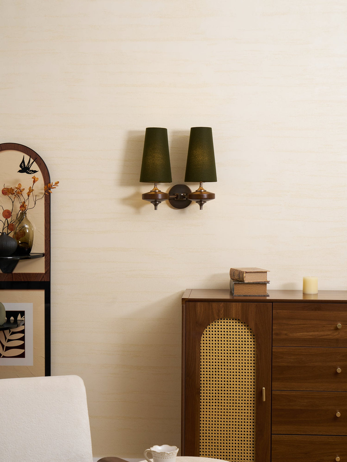 Orlan Twin Fabric Shade Wall Sconce in Walnut and Bronze