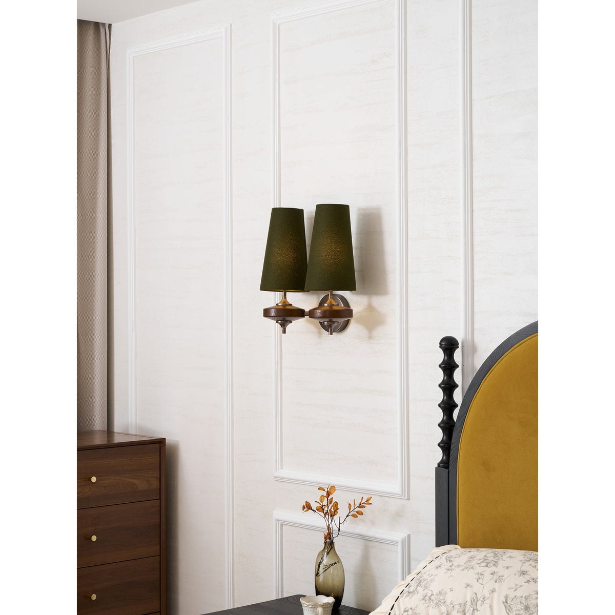 Orlan Twin Fabric Shade Wall Sconce in Walnut and Bronze