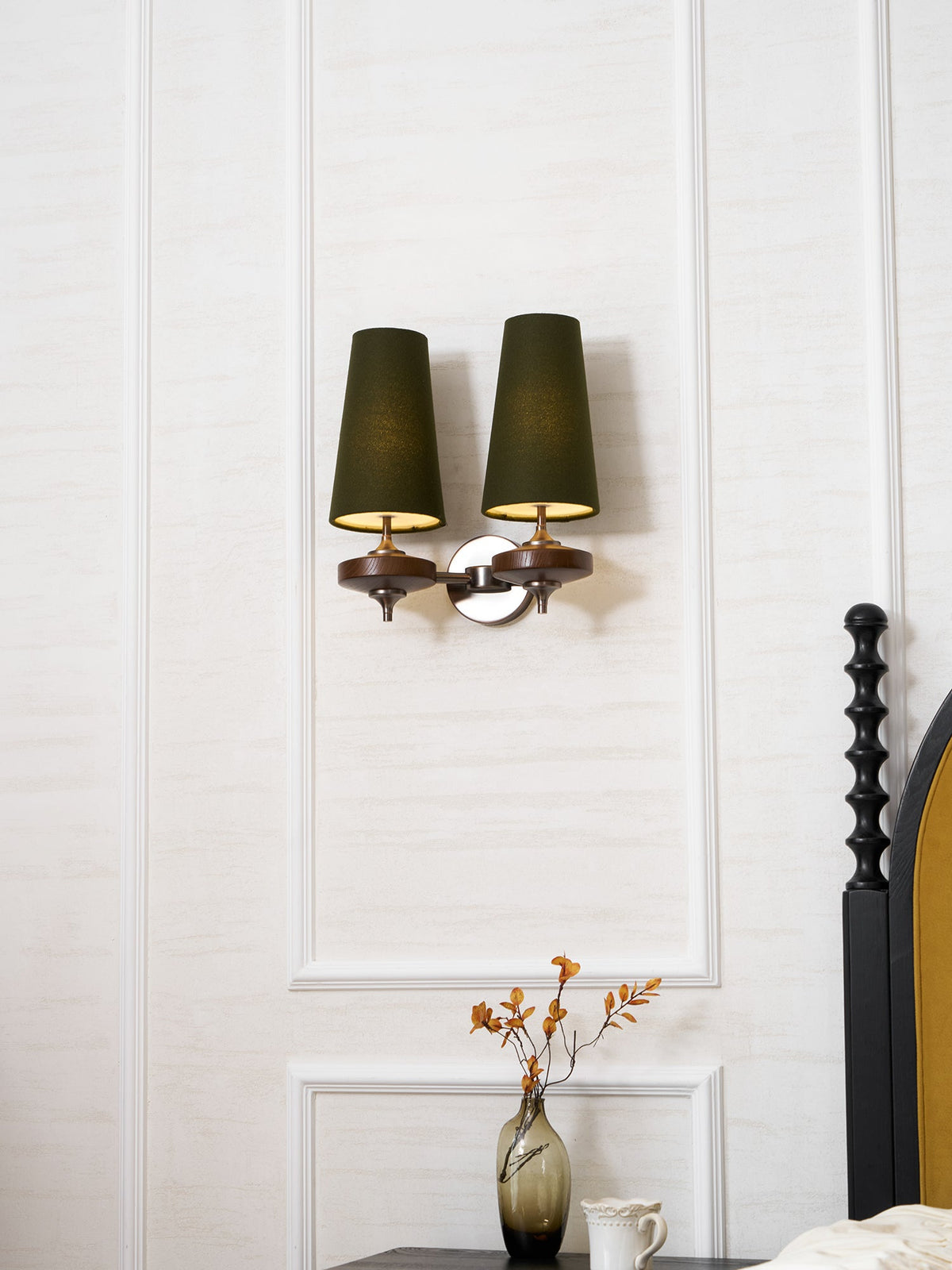 Orlan Twin Fabric Shade Wall Sconce in Walnut and Bronze