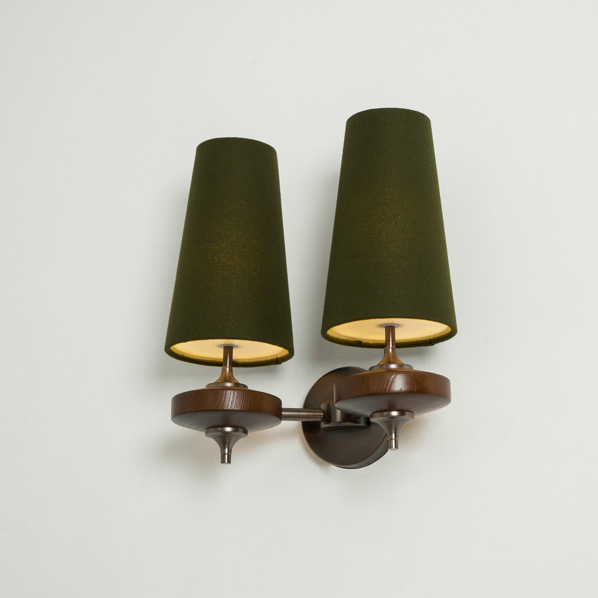 Orlan Twin Fabric Shade Wall Sconce in Walnut and Bronze