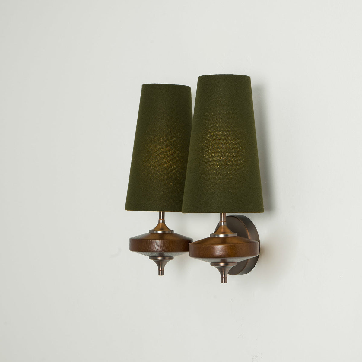 Orlan Twin Fabric Shade Wall Sconce in Walnut and Bronze