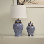 Indigo Dot Ceramic Table Lamp with Brass Accents and Fabric Shade