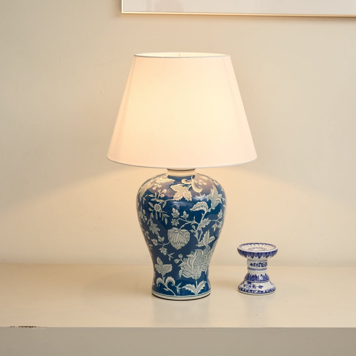 Indigo Ceramic Table Lamp with Floral Vine Motif for Living Room & Bedroom