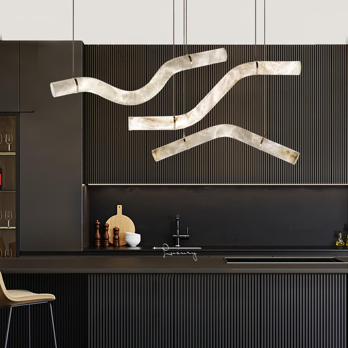 Infinity Alabaster Pendant Light in Brass and Leather