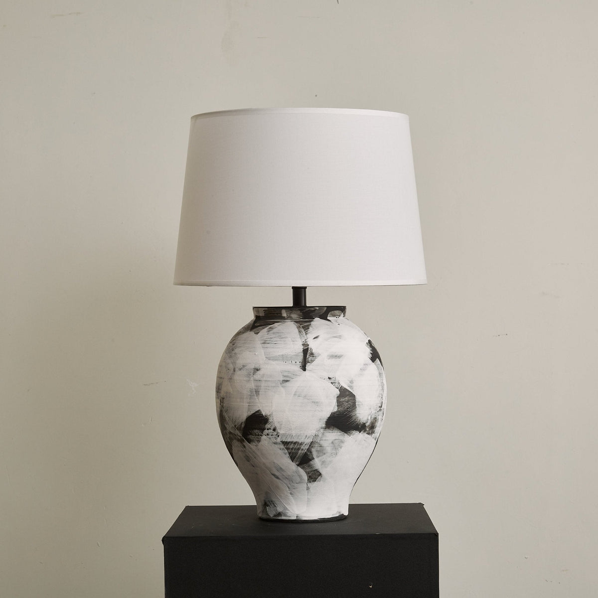 Inkwash Ceramic Table Lamp with Hand-Painted Abstract Base and White Fabric Shade