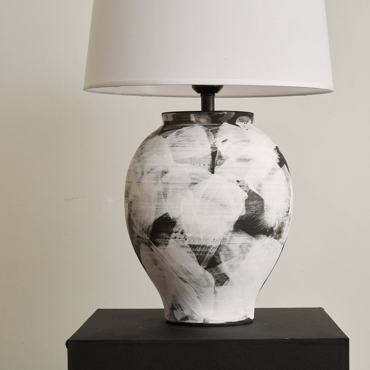 Inkwash Ceramic Table Lamp with Hand-Painted Abstract Base and White Fabric Shade