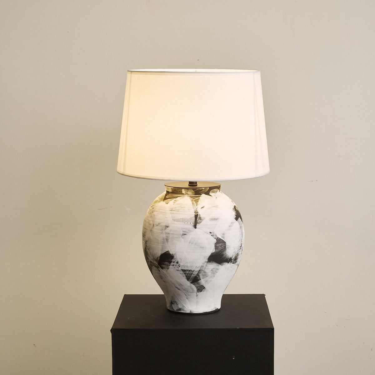Inkwash Ceramic Table Lamp with Hand-Painted Abstract Base and White Fabric Shade