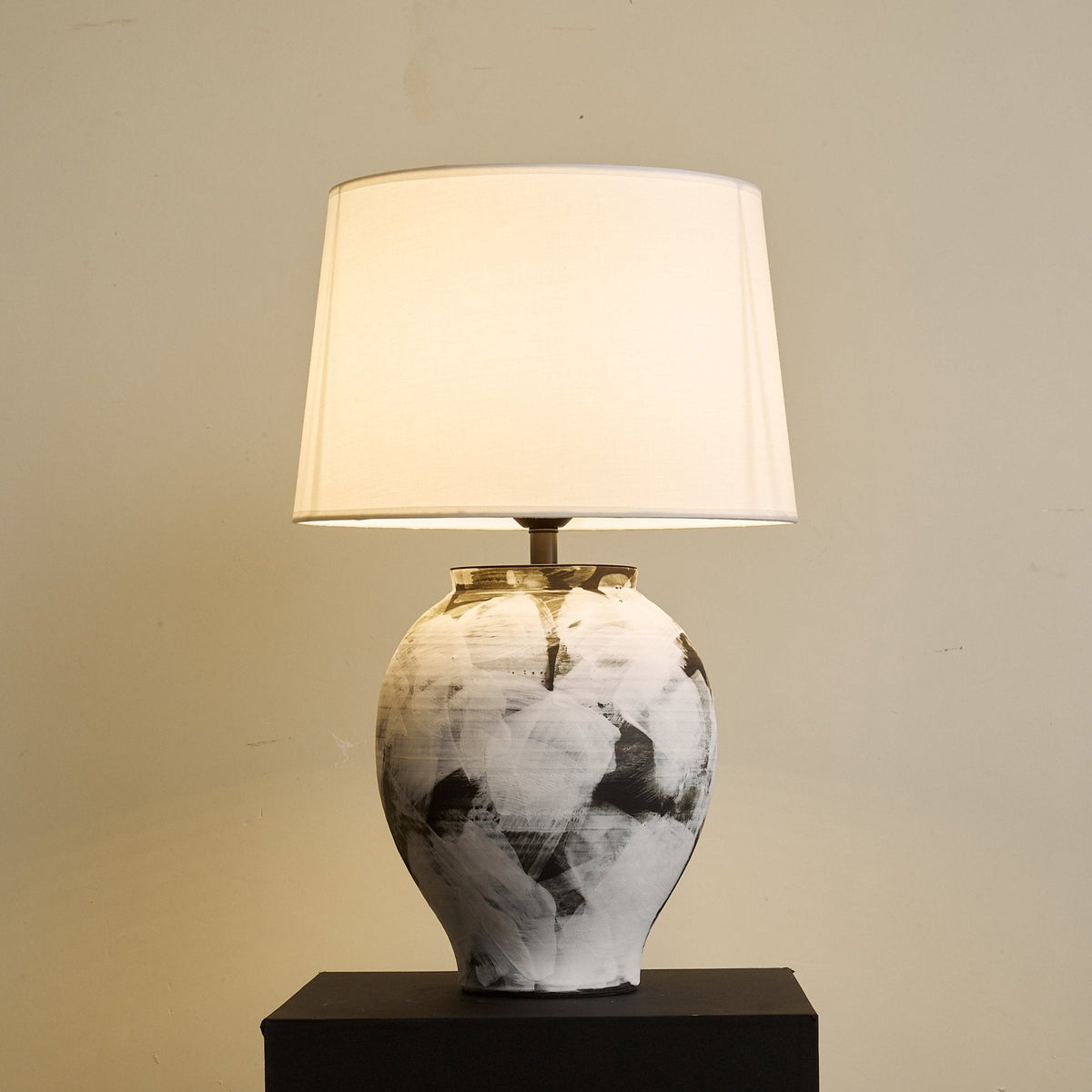 Inkwash Ceramic Table Lamp with Hand-Painted Abstract Base and White Fabric Shade