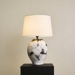 Inkwash Ceramic Table Lamp with Hand-Painted Abstract Base and White Fabric Shade