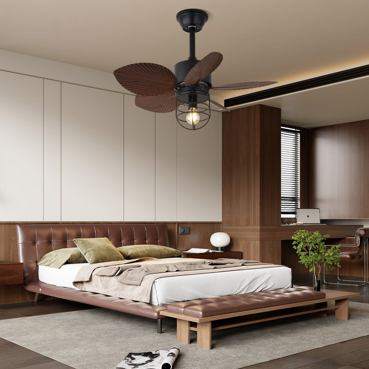 Isabella Breeze Ceiling Fan Light with Palm Leaf Blades and Edison Bulb