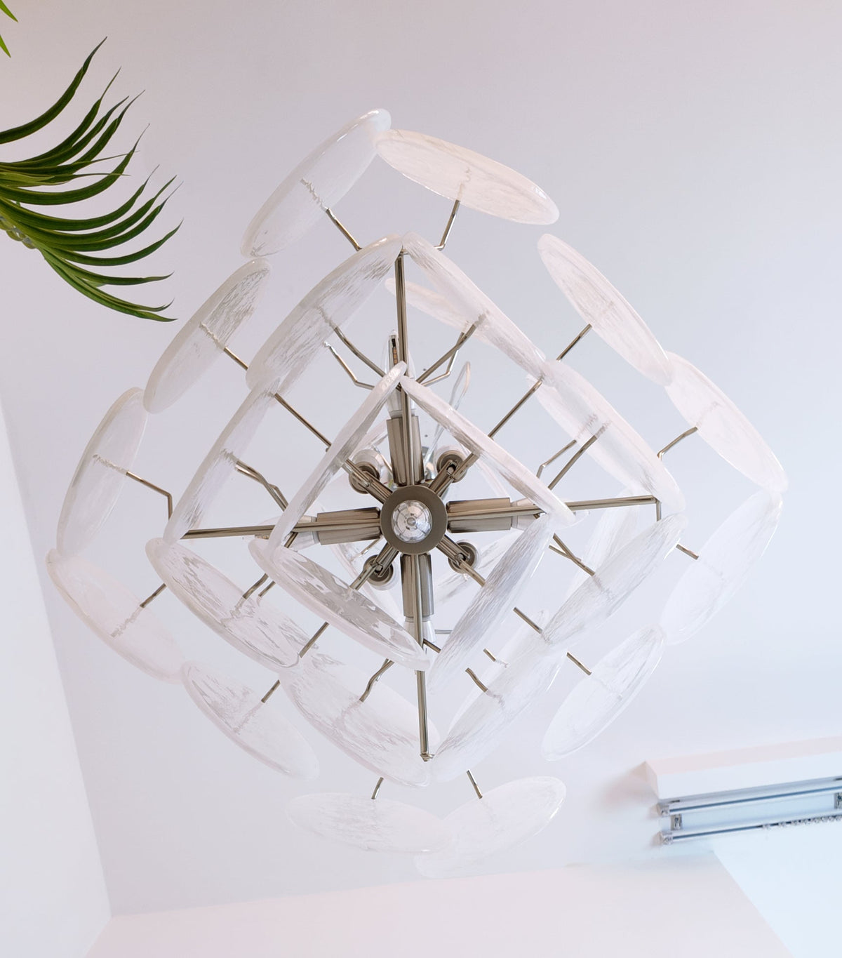 Isadora White Glass Disc Chandelier in Nickel Finish