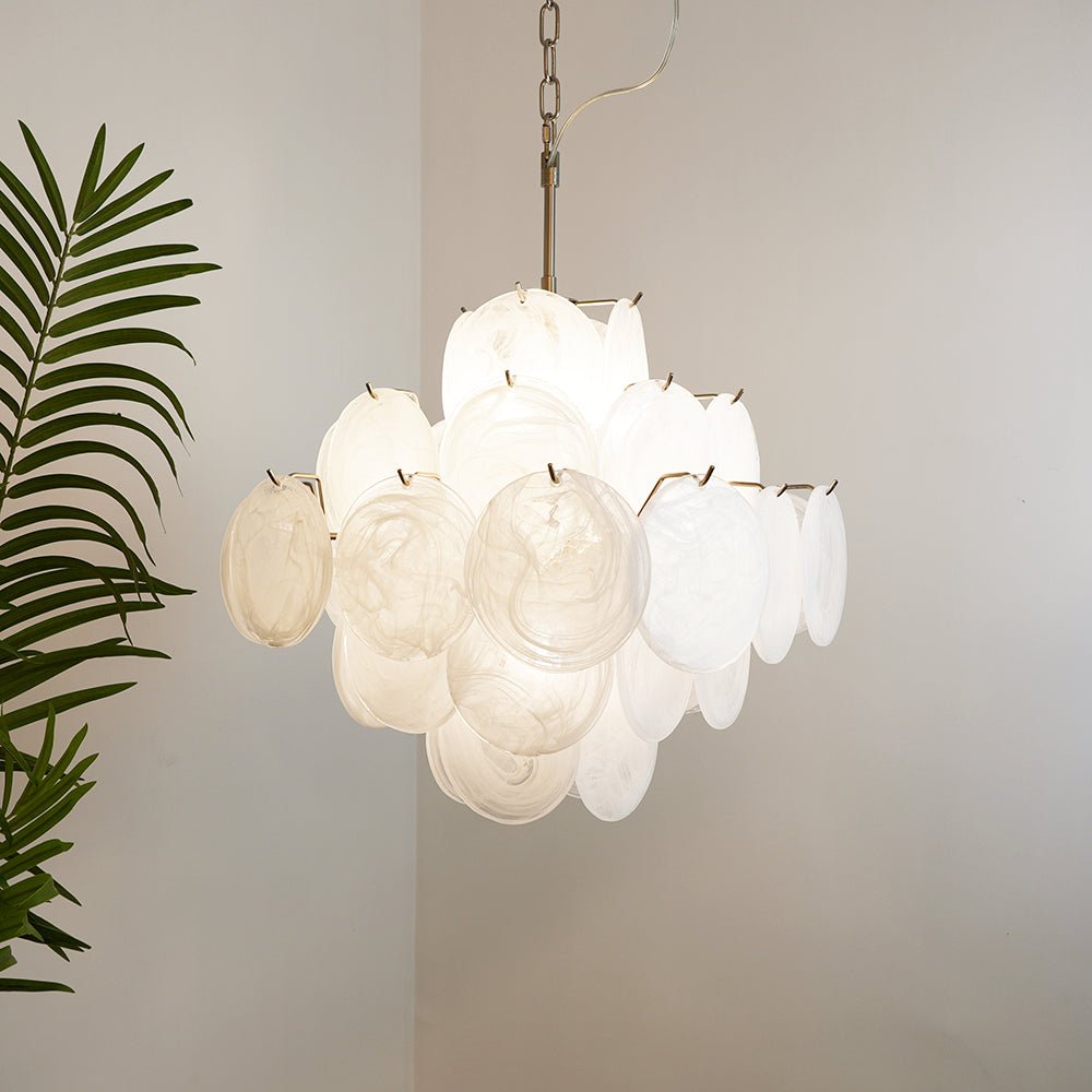 Isadora White Glass Disc Chandelier in Nickel Finish
