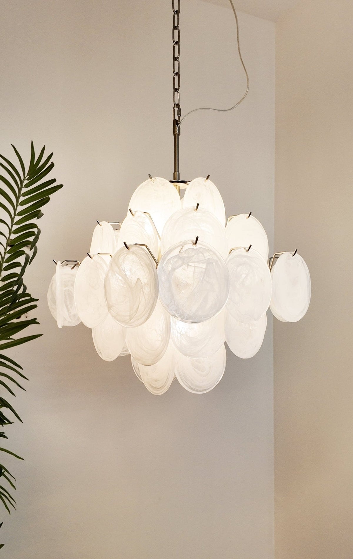 Isadora White Glass Disc Chandelier in Nickel Finish