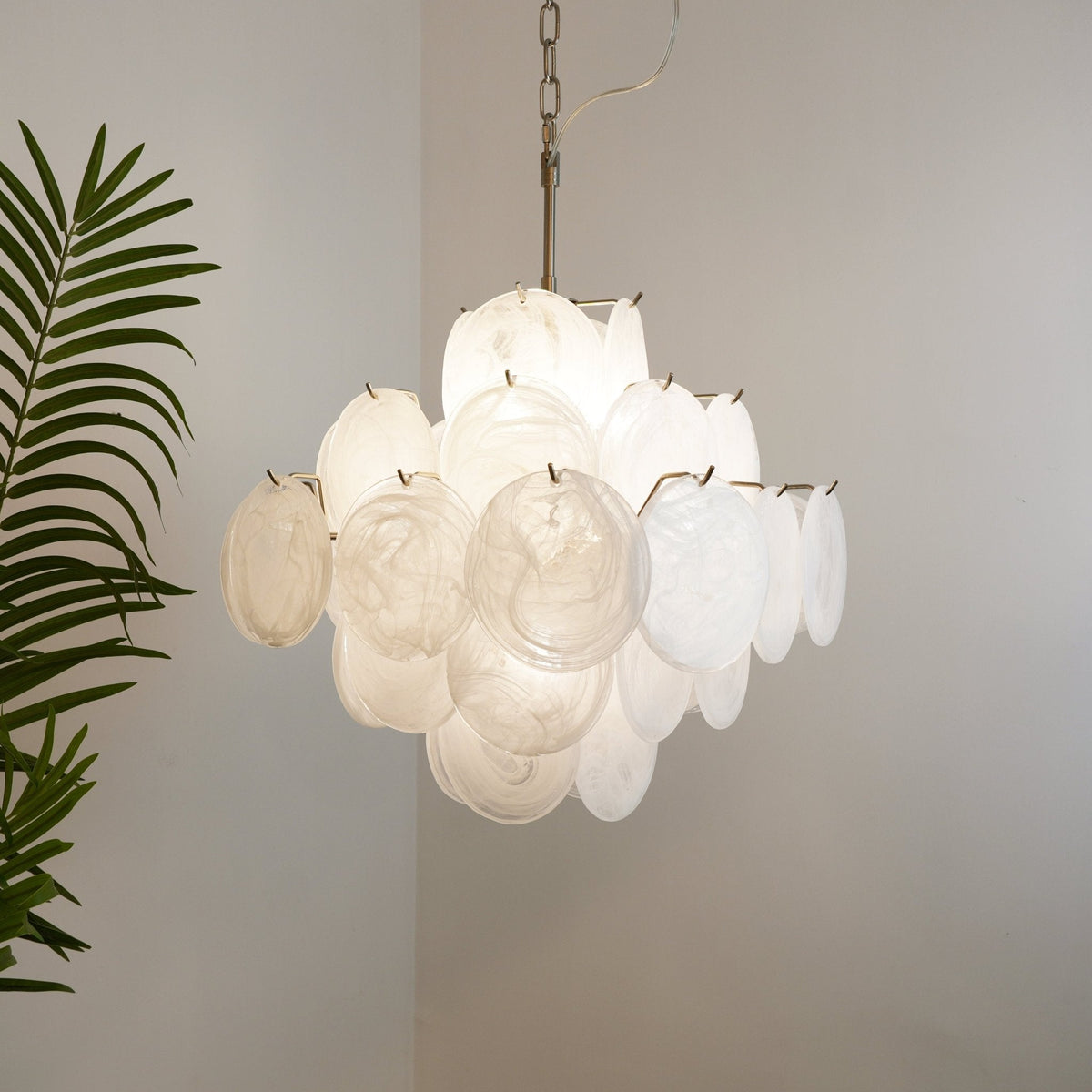 Isadora White Glass Disc Chandelier in Nickel Finish