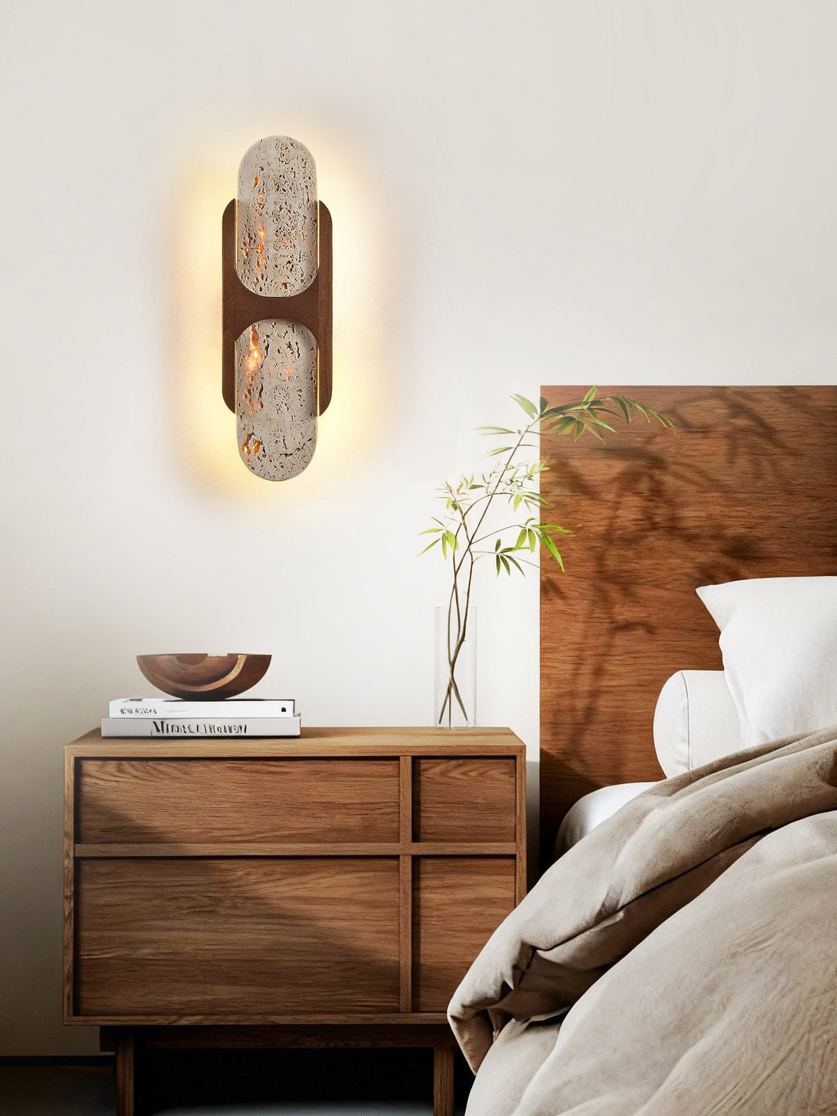 Isla Travertine Wall Sconce with Walnut Accent