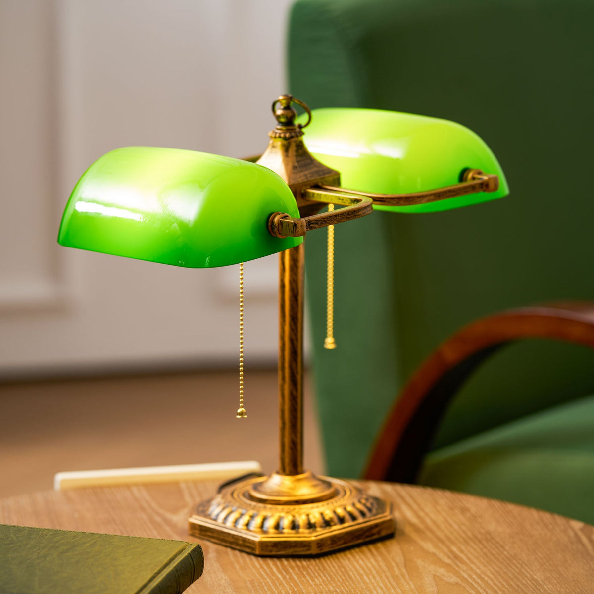Jade Collection Bronze Table Lamp with Emerald Glass Shades