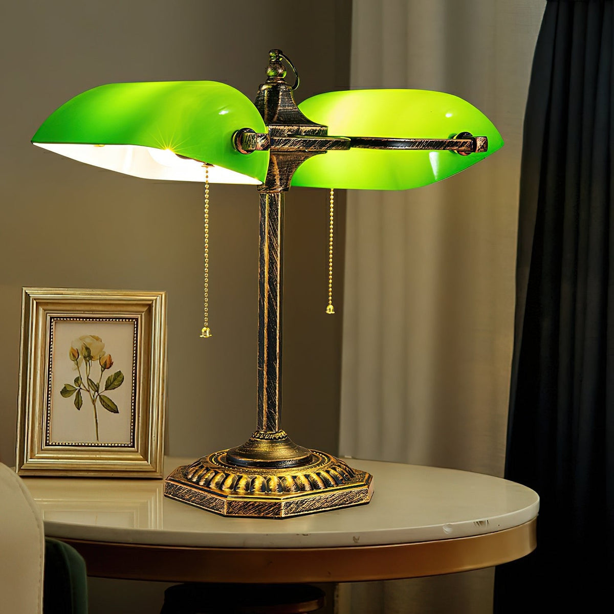 Jade Collection Bronze Table Lamp with Emerald Glass Shades