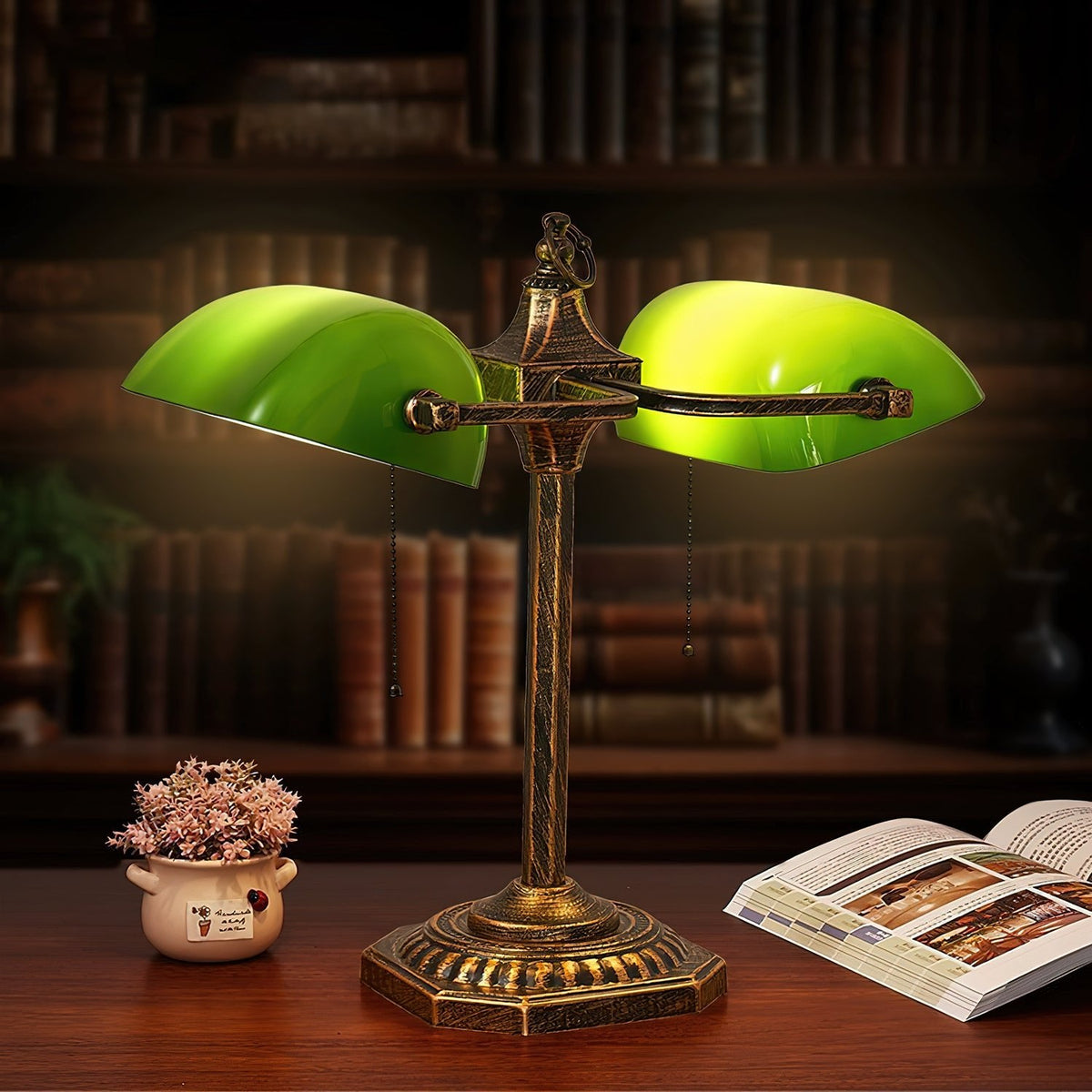 Jade Collection Bronze Table Lamp with Emerald Glass Shades