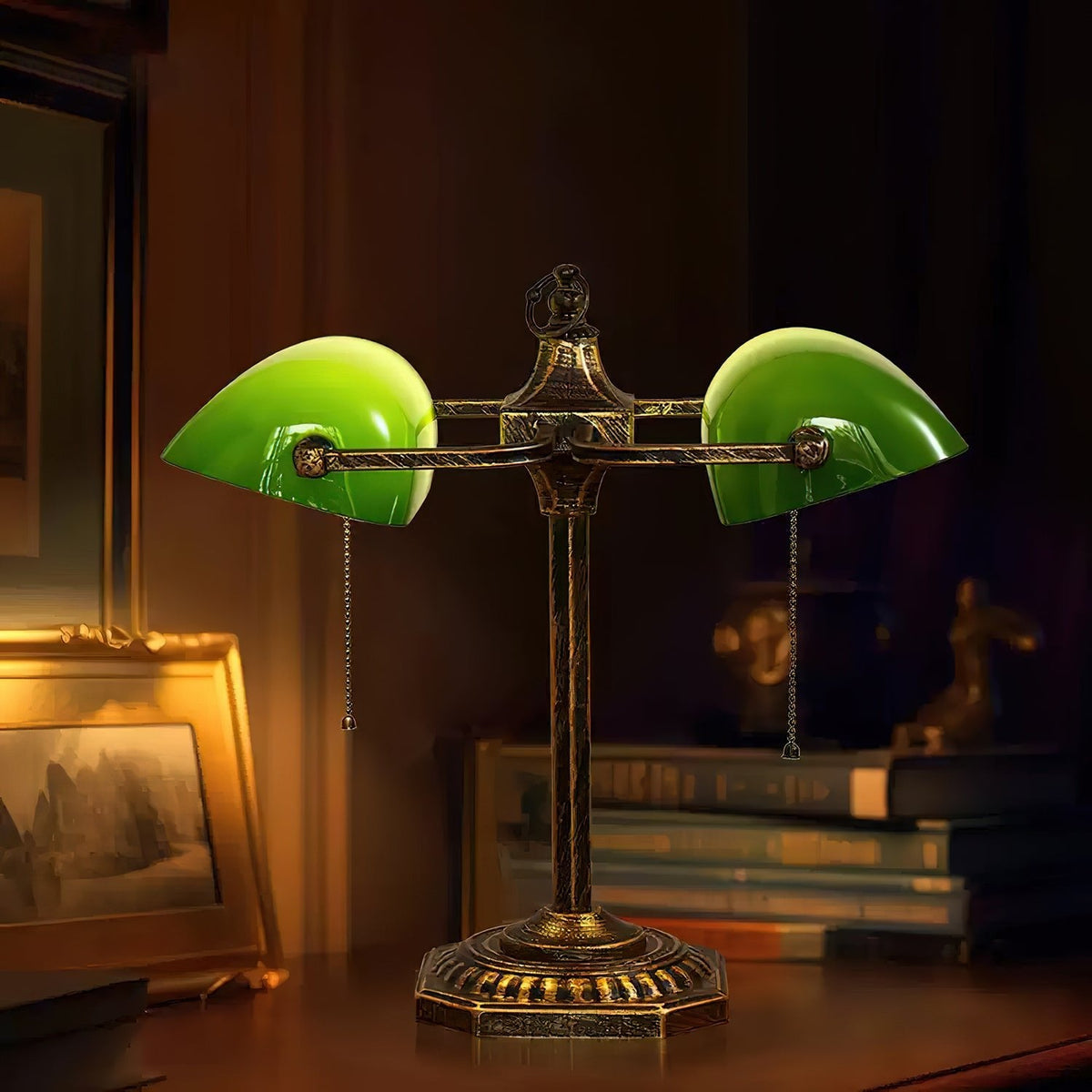Jade Collection Bronze Table Lamp with Emerald Glass Shades