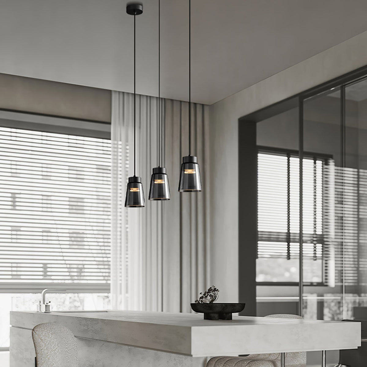 Jerez2 Modern LED Pendant Light in Smokey Gray Glass for Dining Room & Kitchen Island