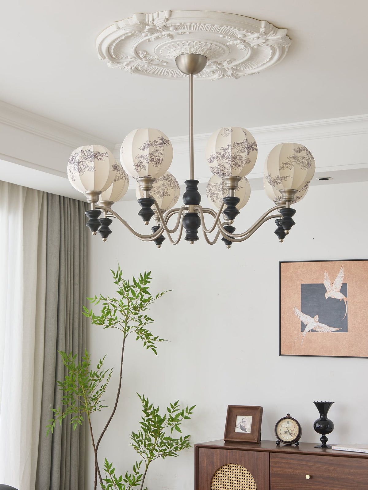 Juliette Fabric Chandelier – Modern Wood & Iron Pendant Light for Dining Room and Living Room