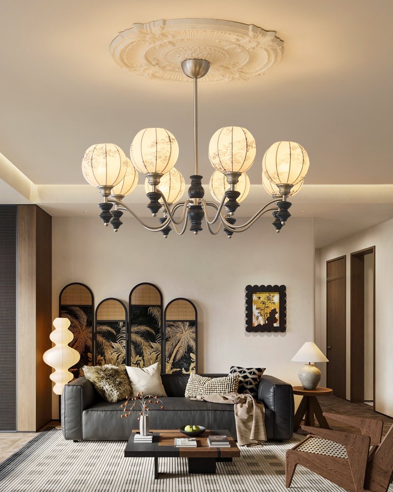 Juliette Fabric Chandelier – Modern Wood & Iron Pendant Light for Dining Room and Living Room