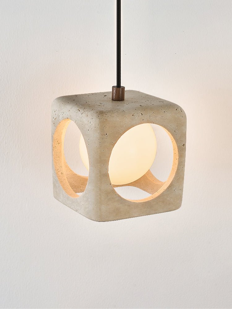 Kaelis Travertine Pendant Light – Sculptural Stone Cube Lamp for Modern Interiors
