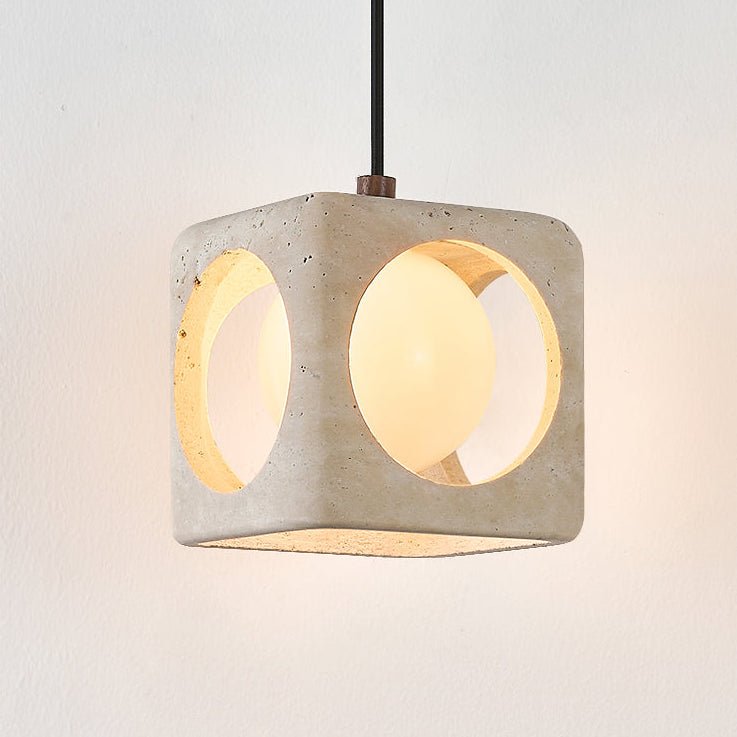 Kaelis Travertine Pendant Light – Sculptural Stone Cube Lamp for Modern Interiors