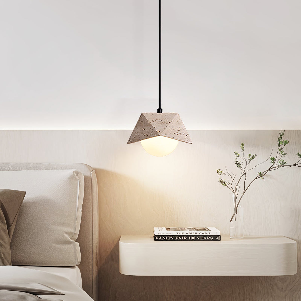 Kaelo Pendant Light in Yellow Travertine with Glass Globe