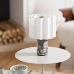 Orbis Veil Table Lamp – Sculptural Marble LED Lamp with Pleated Fabric Shade
