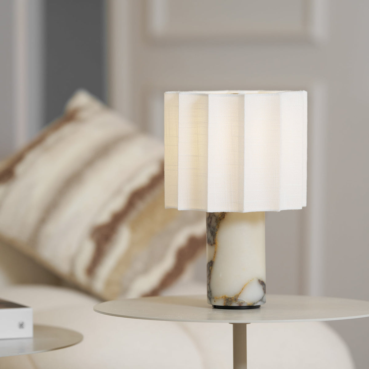 Orbis Veil Table Lamp – Sculptural Marble LED Lamp with Pleated Fabric Shade