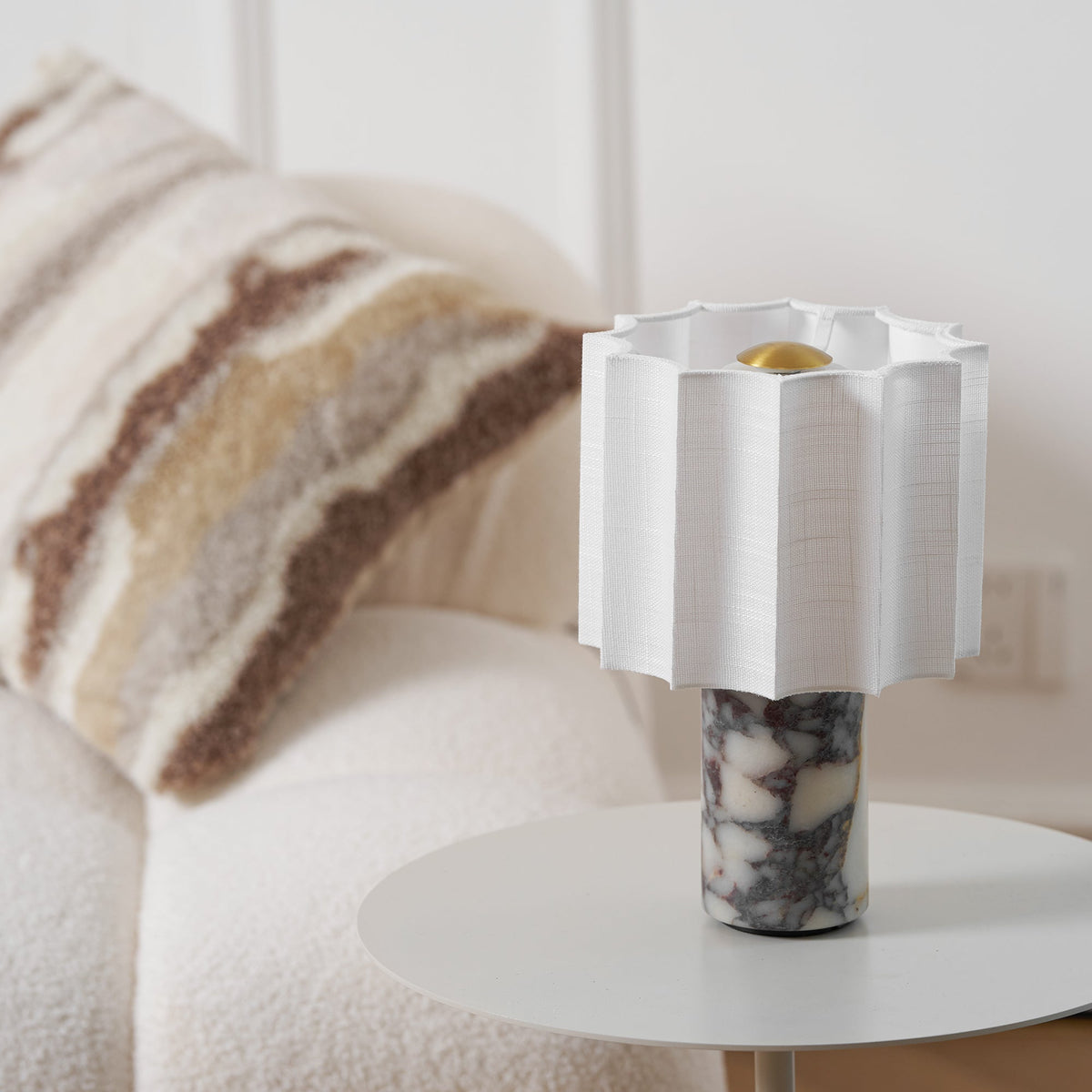Orbis Veil Table Lamp – Sculptural Marble LED Lamp with Pleated Fabric Shade