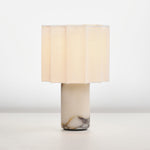 Orbis Veil Table Lamp – Sculptural Marble LED Lamp with Pleated Fabric Shade