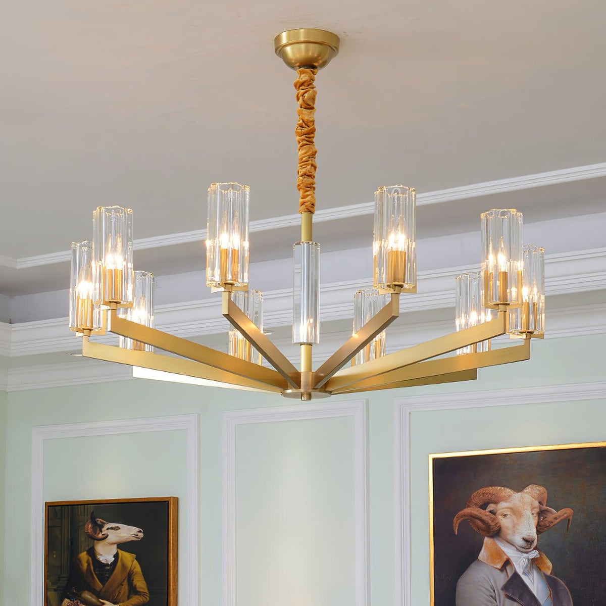 Kayla Brass Chandelier – Modern Glass Pendant Light for Dining Room & Living Room