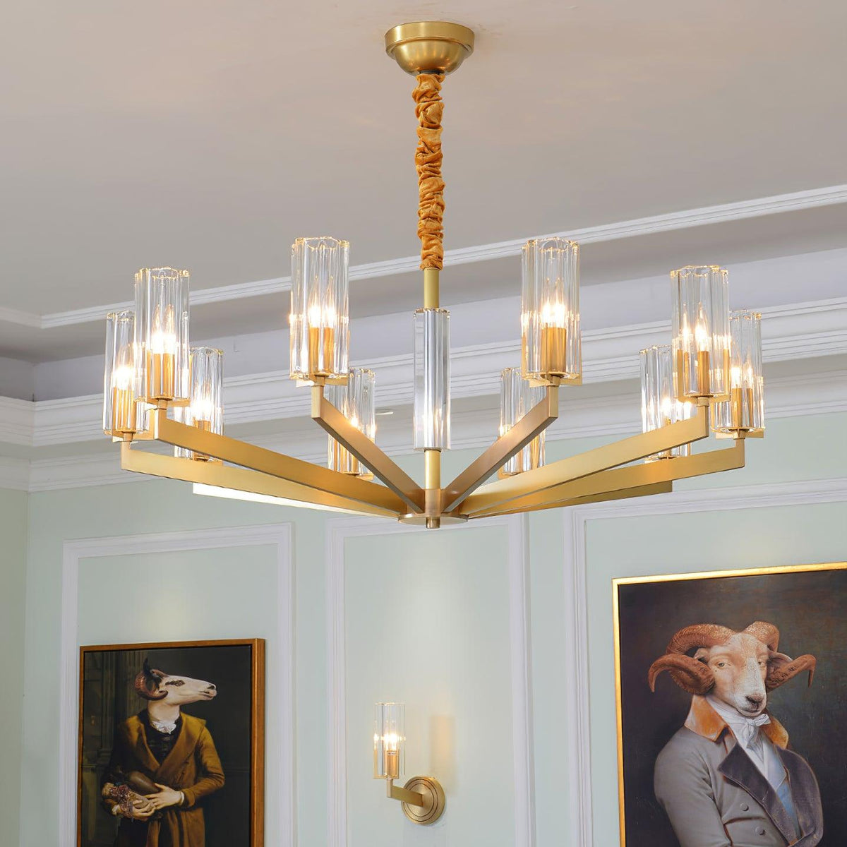 Kayla Brass Chandelier – Modern Glass Pendant Light for Dining Room & Living Room