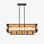 Linear Wood and Black Metal Kitchen Island Chandelier, 5-Light Modern Farmhouse Pendant