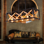 Linear Wood and Black Metal Kitchen Island Chandelier, 5-Light Modern Farmhouse Pendant