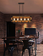Linear Wood and Black Metal Kitchen Island Chandelier, 5-Light Modern Farmhouse Pendant