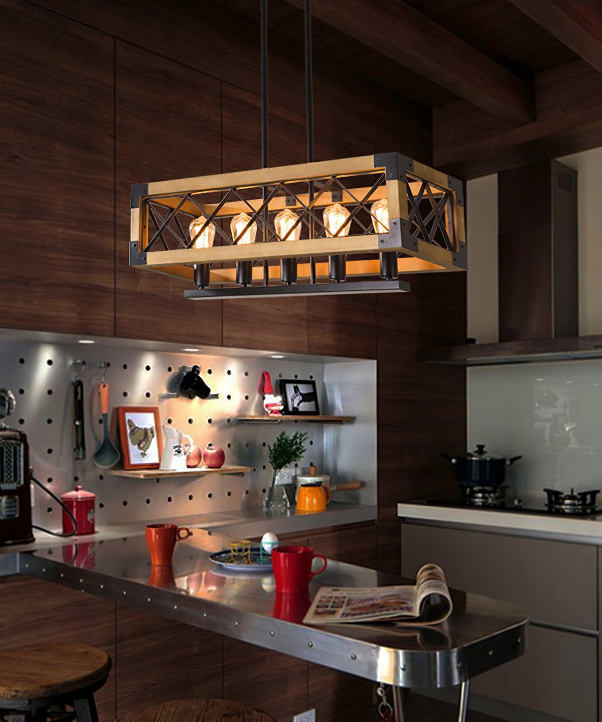 Linear Wood and Black Metal Kitchen Island Chandelier, 5-Light Modern Farmhouse Pendant