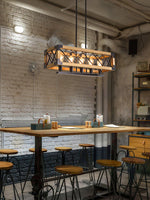 Linear Wood and Black Metal Kitchen Island Chandelier, 5-Light Modern Farmhouse Pendant