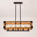 Linear Wood and Black Metal Kitchen Island Chandelier, 5-Light Modern Farmhouse Pendant