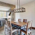 Linear Wood and Black Metal Kitchen Island Chandelier, 5-Light Modern Farmhouse Pendant