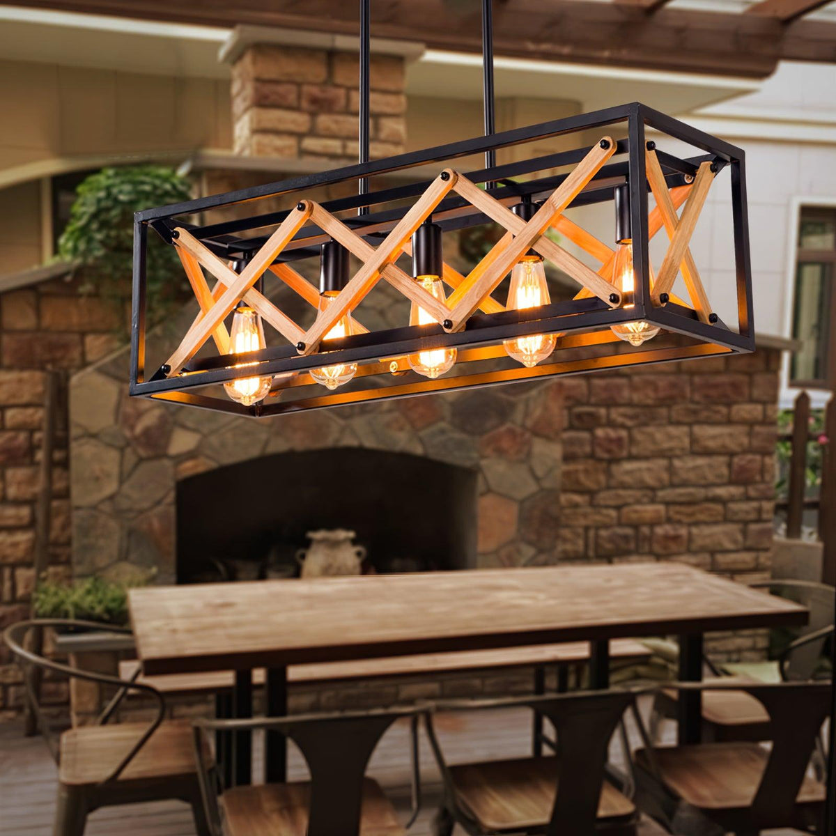 Linear Wood and Black Metal Kitchen Island Chandelier, 5-Light Modern Farmhouse Pendant