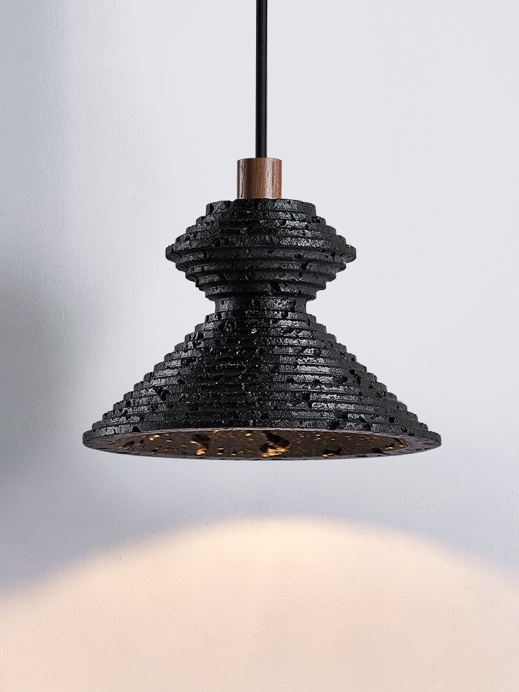 Kryos Texture Pendant Light in Black Travertine with Walnut Accent