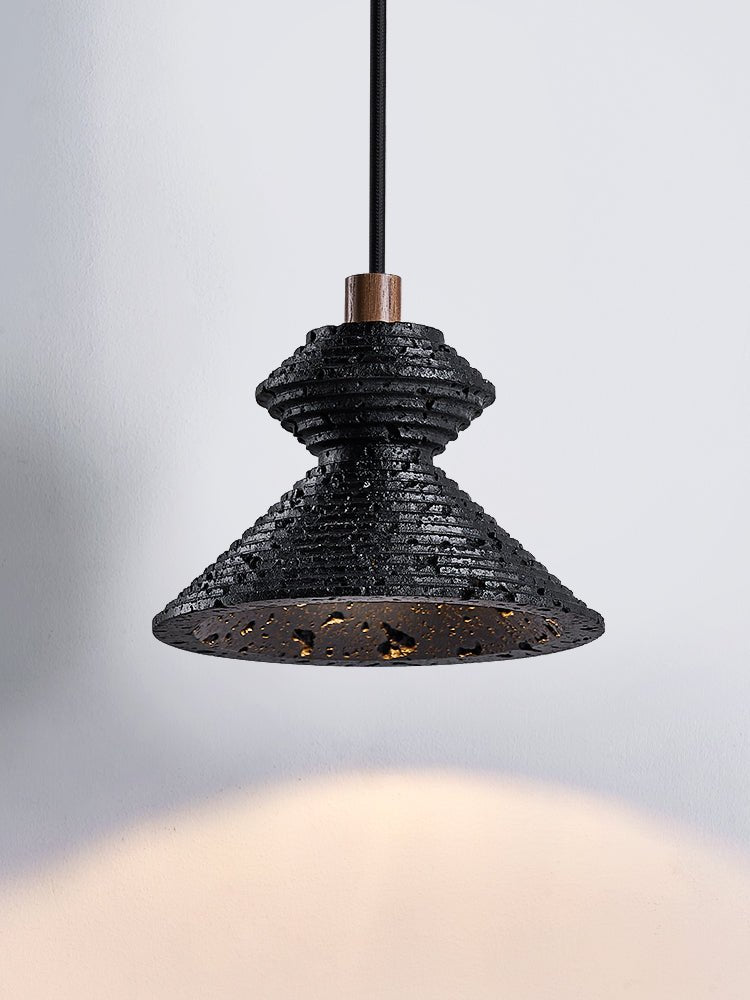 Kryos Texture Pendant Light in Black Travertine with Walnut Accent